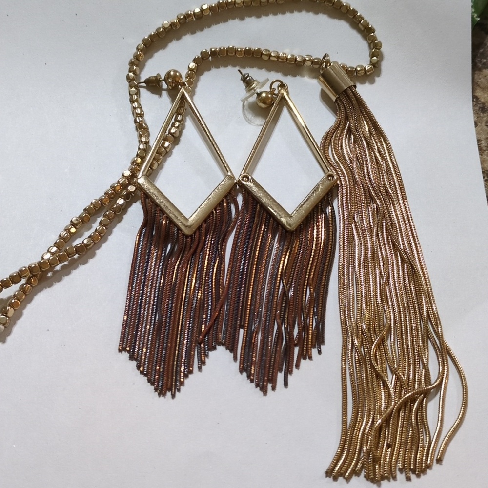 Festival Gold tone Tassel Pendant Necklace And Tassel Metal Earrings- Women